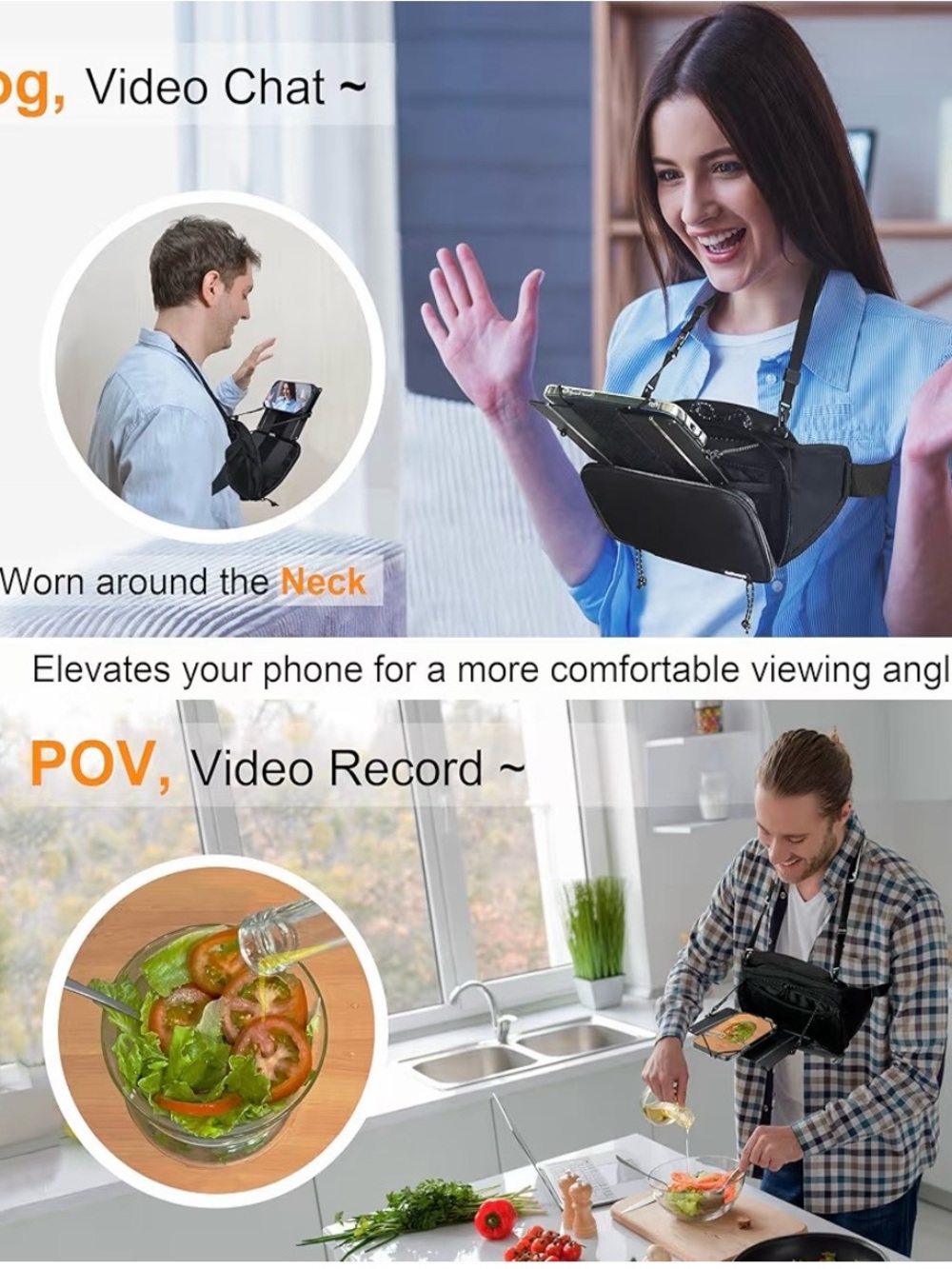 Adjustable Black Hands-Free Neck Phone Holder for VR & Video